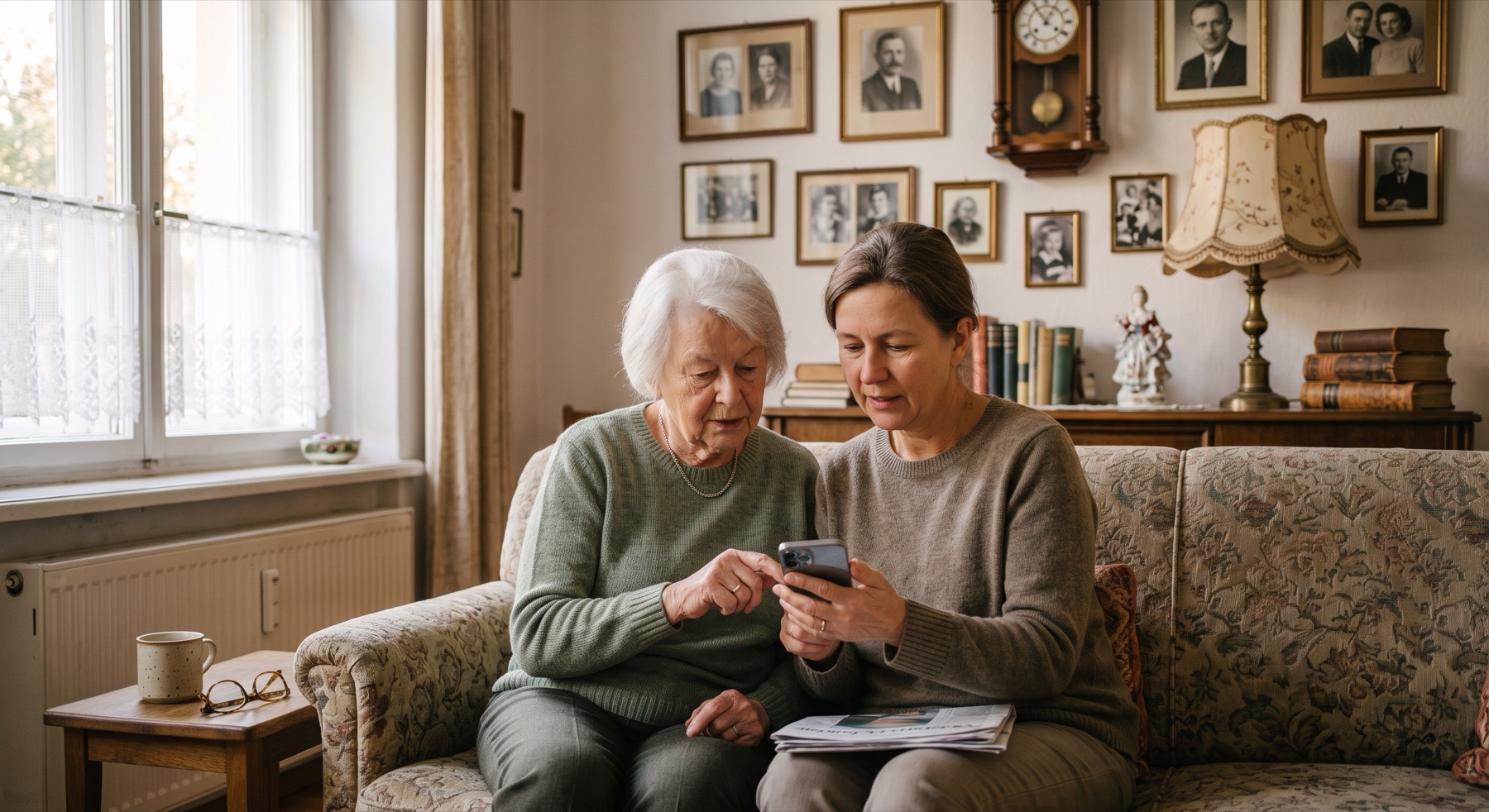 Eine Tochter richtet gemeinsam mit ihrer Mutter etwas auf dem Smartphone ein
